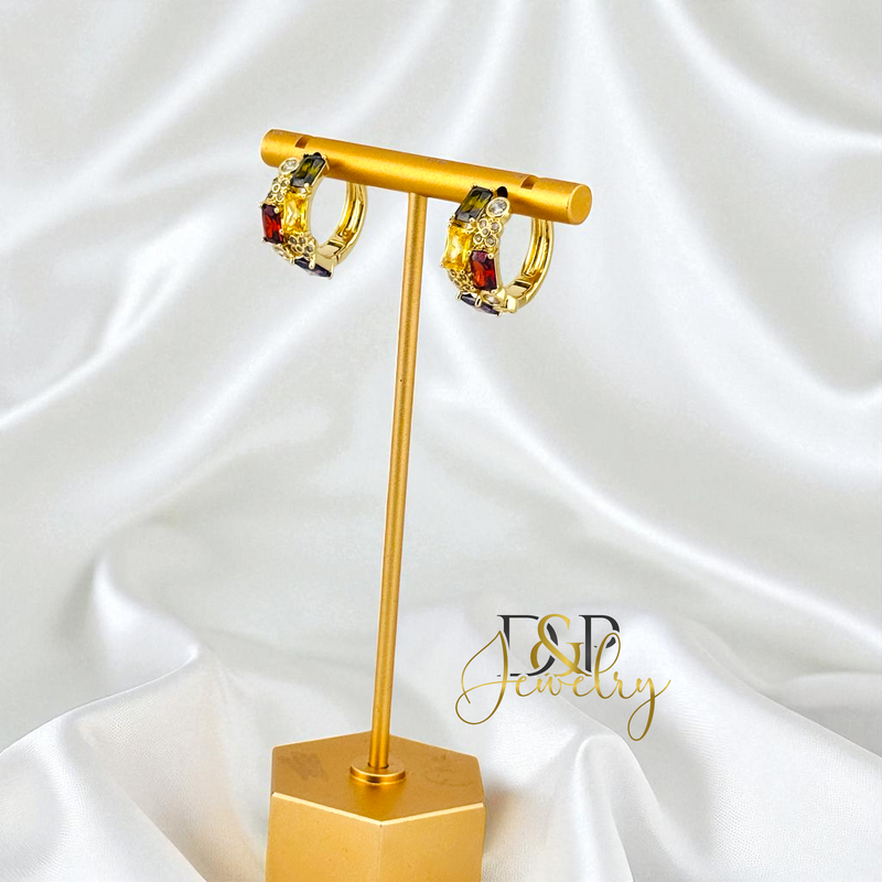 14K GOLD /SHORT COLOR STONES 4 VARIANT HOOP EARRING HP819