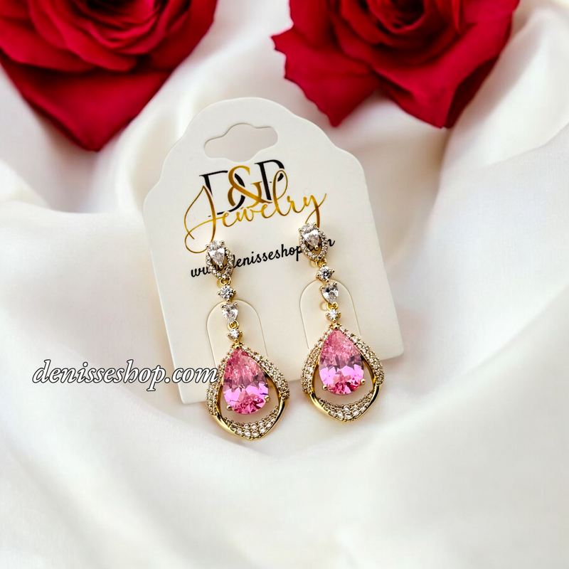 14K LUXURY PINK STONE LONG EARRING E816