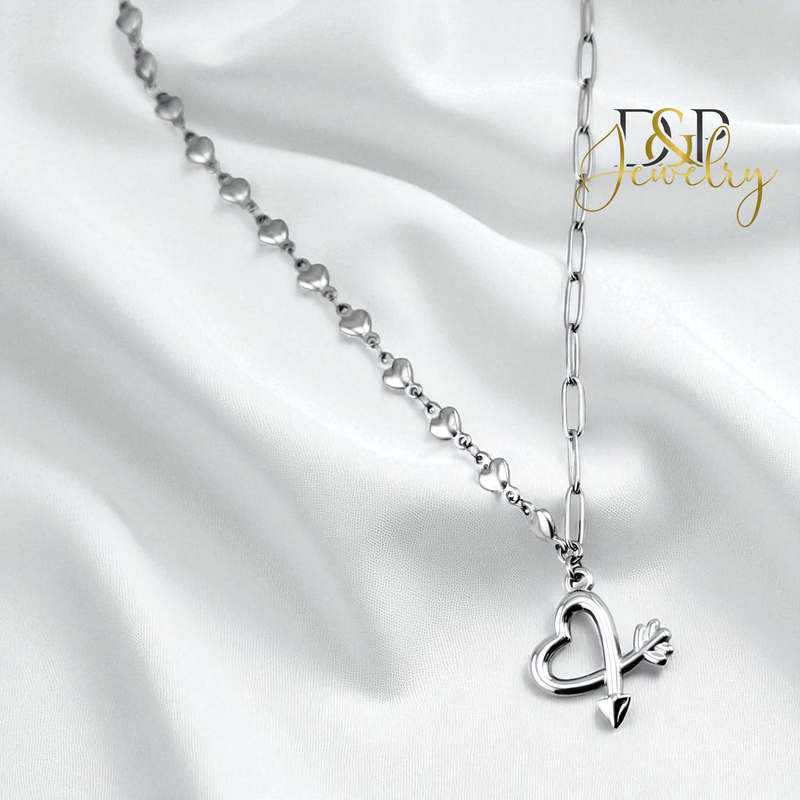 14K SILVER/ PAPER CLIP/ HEARTS NECKLACE N297