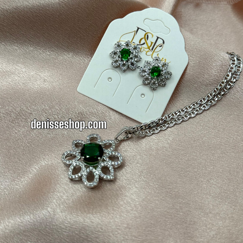 SILVER GREEN FLOWER NECKLACE SET C1176