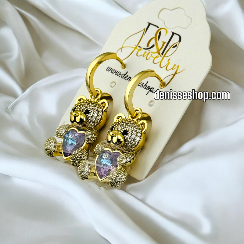 14K GOLD / PURPLE STONE BEAR  EARRING E684