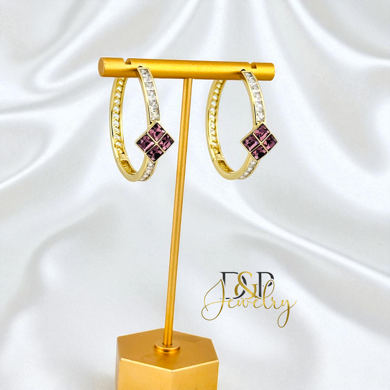 14K GOLD/LONG SIZE PURPLE STONE DESIGN HOOP EARRING HP804