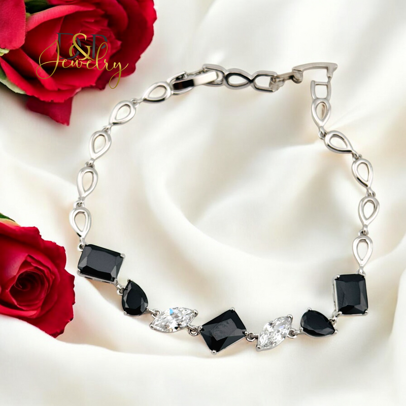 SILVER BLACK/WHITE DESIGN STONE BRACELET BR737