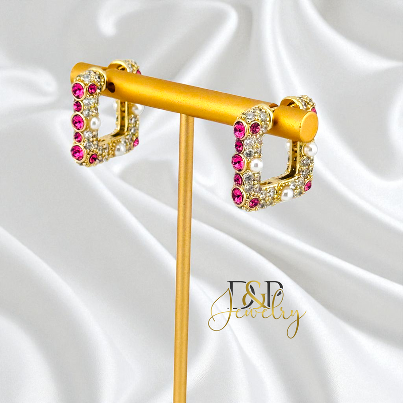 14K GOLD /FANCY SQUARED SHAPE 2 VARIANTS STONES HOOP EARRING HP823
