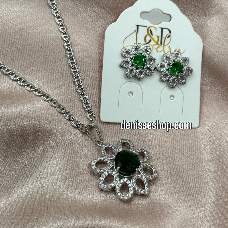 SILVER GREEN FLOWER NECKLACE SET C1176