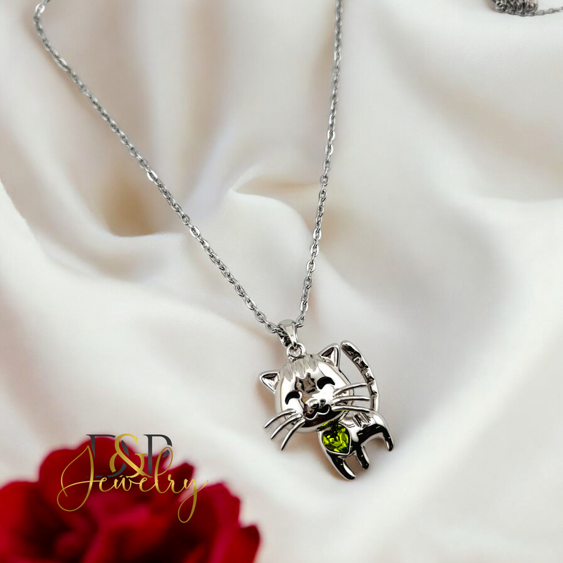 14K WOMAN SILVER GREEN CAT FASHION NECKLACE N250
