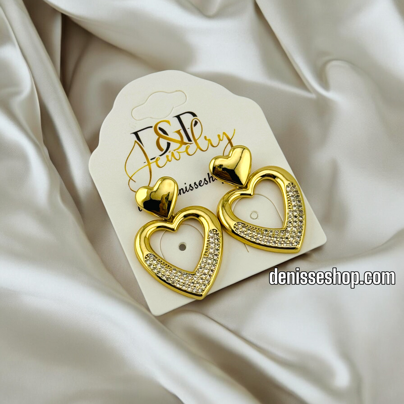 14K GOLD AND WHITE STONE HEART SHAPE EARRING E659