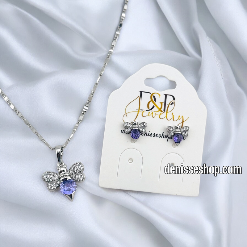 WOMEN/GIRL FASHION SILVER PURPLE BEE NECKLACE SET N229