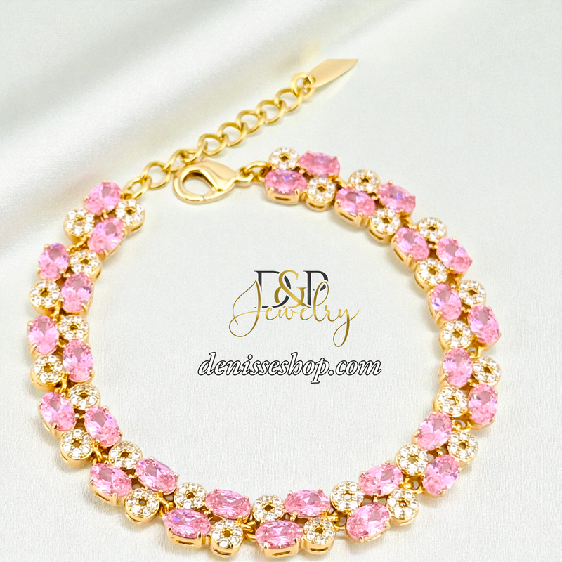 14KGOLD/PINK/WHITE STONE SQUARE SHAPE BRACELET BR870