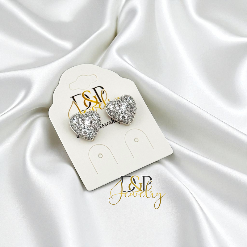 14K SILVER SMALL BLING HEART DESIGN STUD EARRINGS E1031