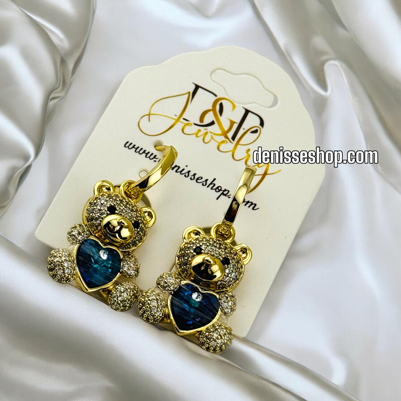 14K GOLD / BLUE STONE BEAR  EARRING E685