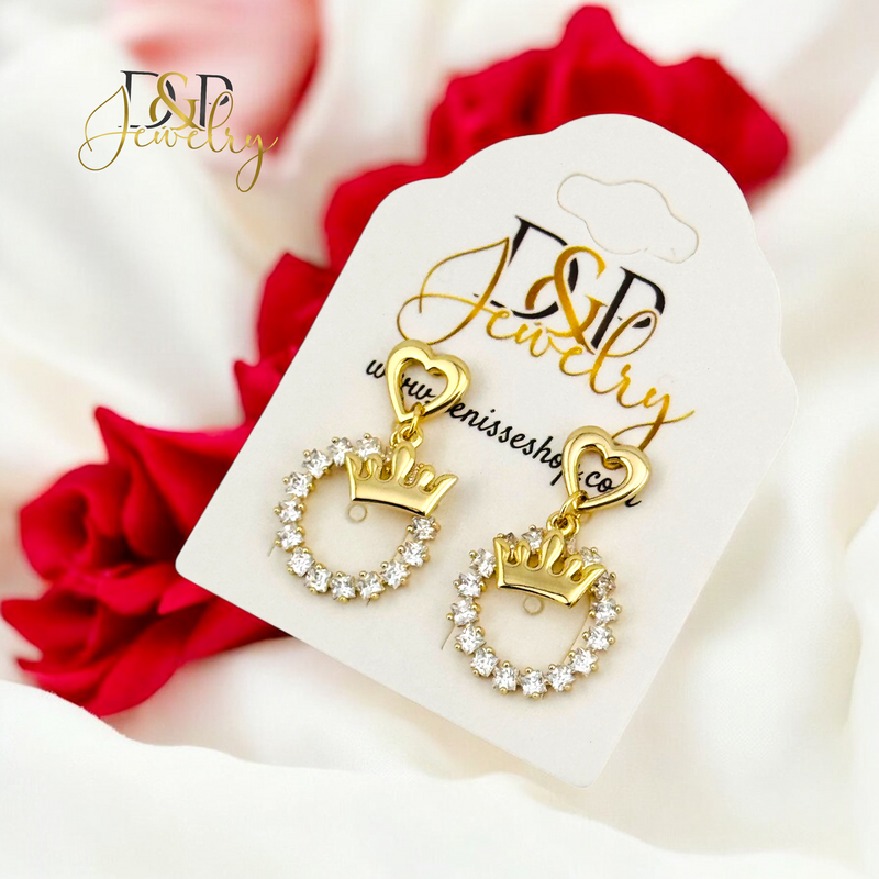 14K FANCY HEART CROWN DESIGN EARRING E884
