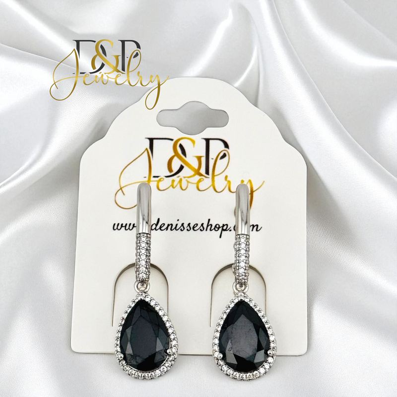 14K SILVER BLACK DROP STONE HUGGIE EARRINGS E950