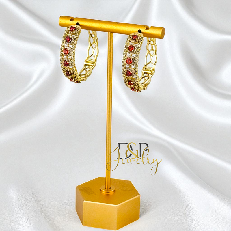 14K GOLD /MARRON STONES HOOP EARRING HP831