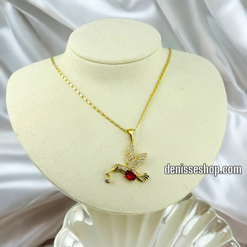 14K GOLD / WHITE/ RED STONE BIRD PENDANT P490