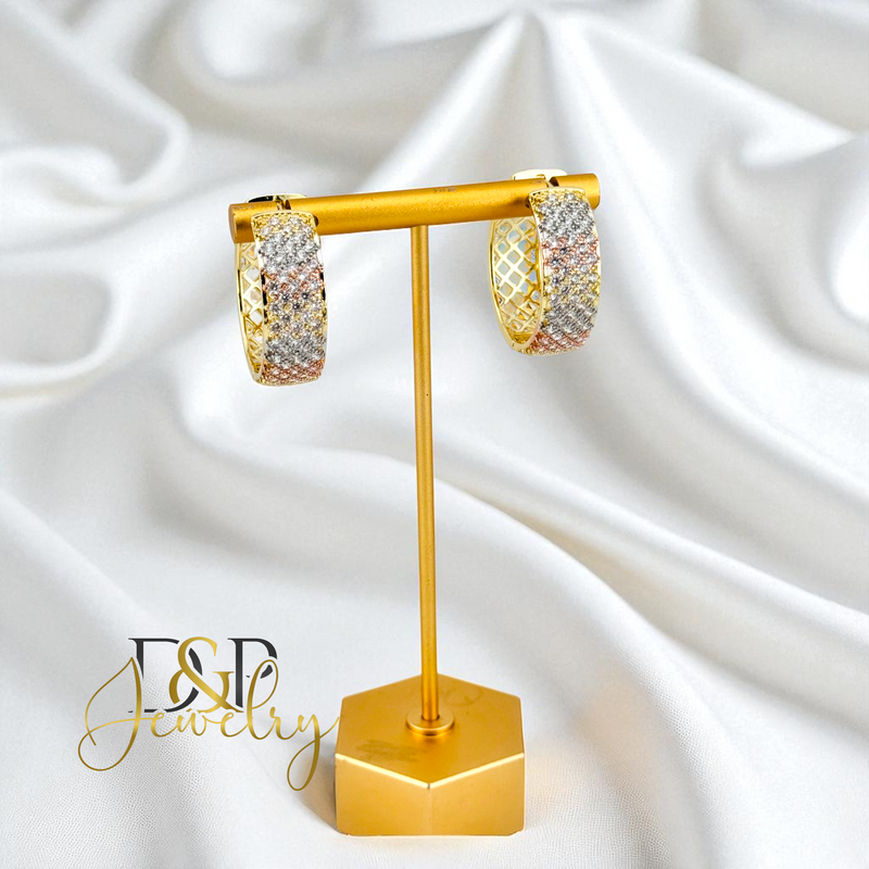 14K GOLD/WHITE STONE FASHION MEDIUM  HOOP EARRING HP749