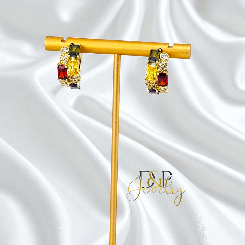 14K GOLD /SHORT COLOR STONES 4 VARIANT HOOP EARRING HP819