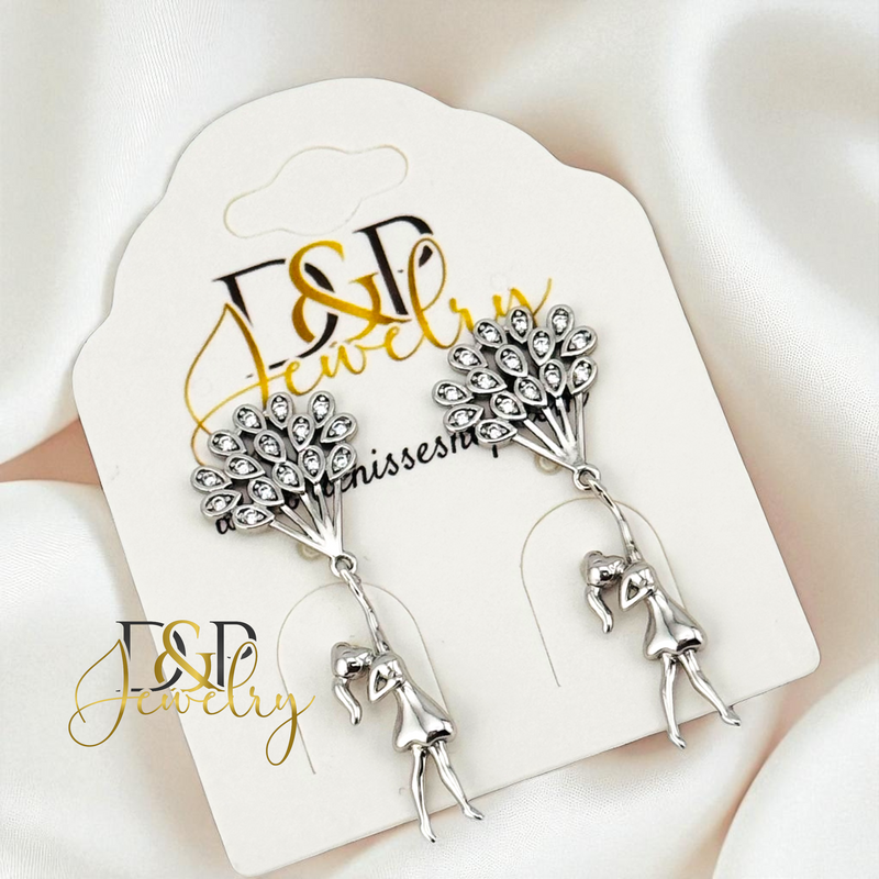 14K SILVER GIRL WITH BALLOONS DROP STUD EARRINGS E953
