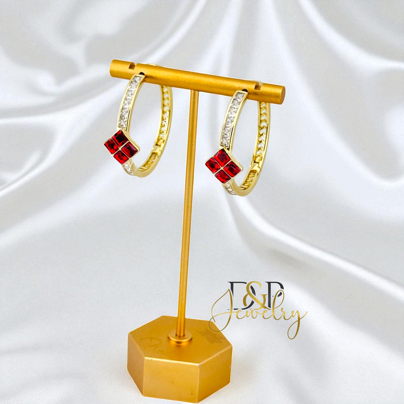 14K GOLD/LONG SIZE RED STONE DESIGN HOOP EARRING HP805