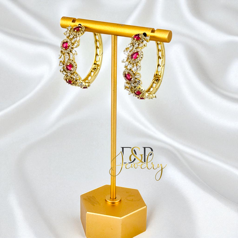 14K GOLD /LONG COLOR STONES 3 VARIANTS HOOP EARRING HP814