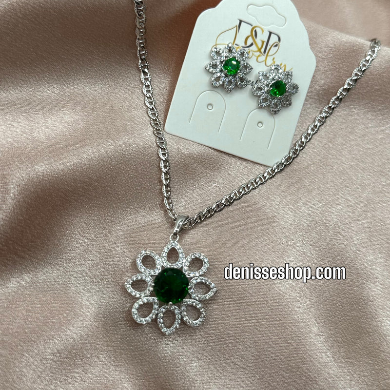 SILVER GREEN FLOWER NECKLACE SET C1176