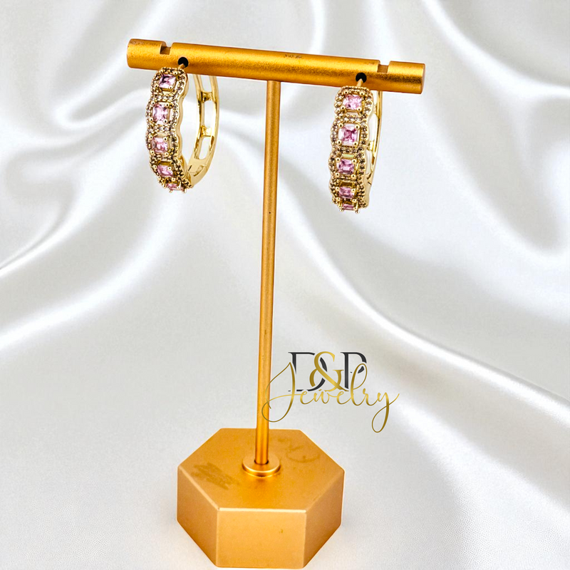 14K GOLD /LONG COLOR STONES 3 VARIANT HOOP EARRING HP824