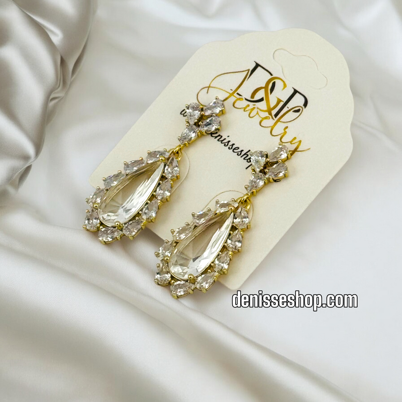 14K GOLD / WHITE CRISTAL DROPS  LONG EARRING E706