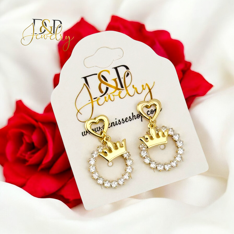 14K FANCY HEART CROWN DESIGN EARRING E884