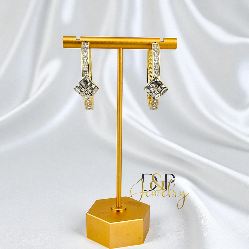 14K GOLD/LONG SIZE WHITE STONE DESIGN HOOP EARRING HP802