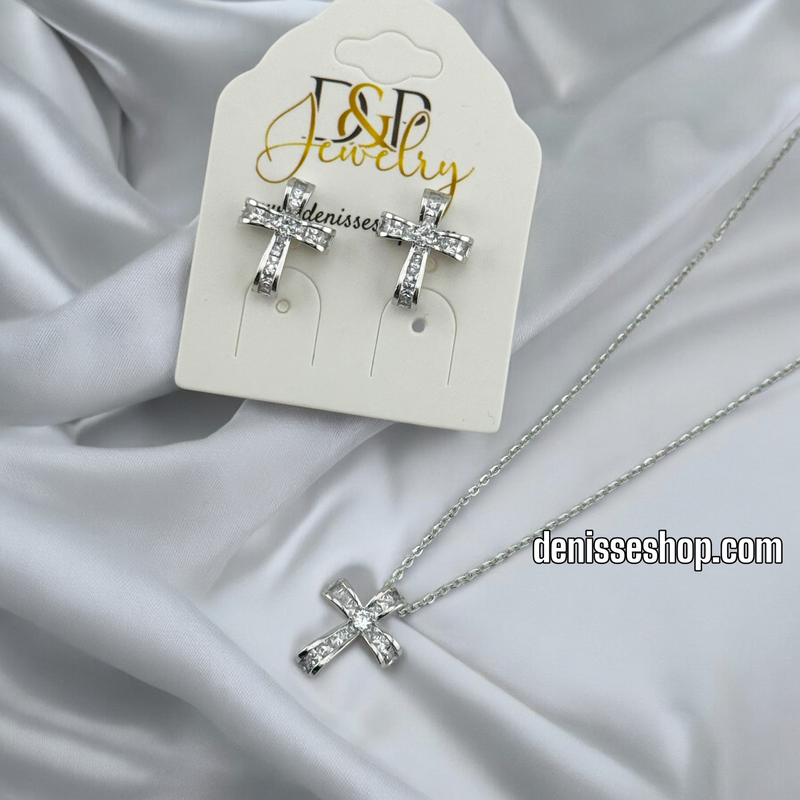 SILVER / WOMEN WHITE STONE CROSS NECKLACE N146