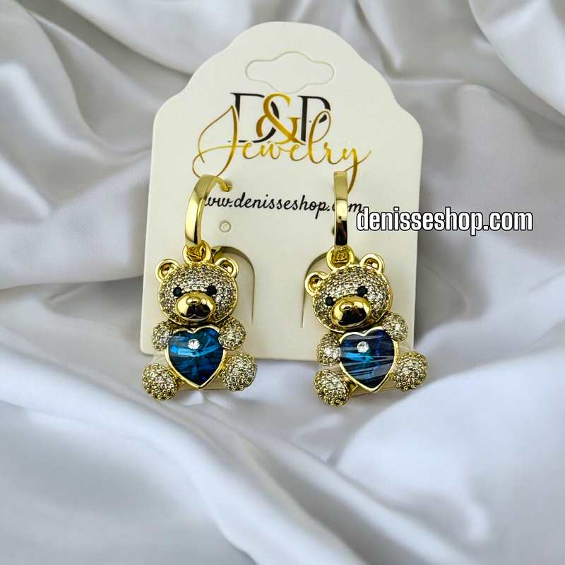 14K GOLD / BLUE STONE BEAR  EARRING E685