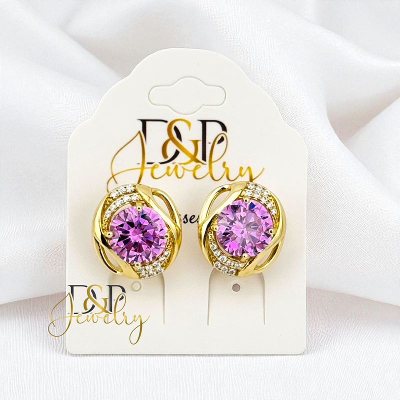 14K GOLD/PINK STONE FANCY HUGGIE EARRING E996