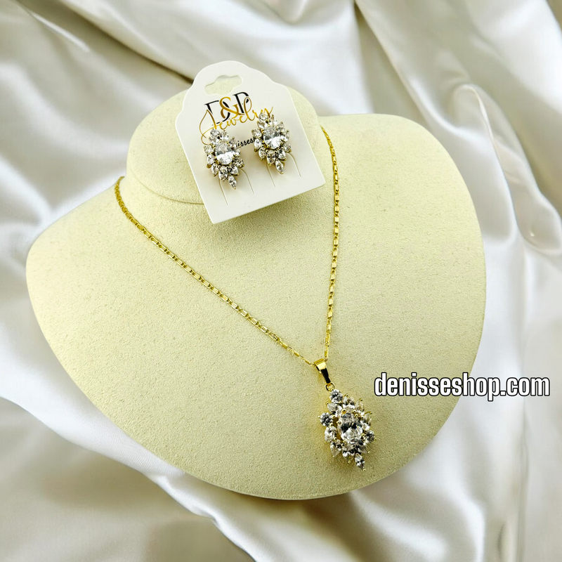 14K GOLD /  WHITE STONE NECKLACE AND EARRING SET N42