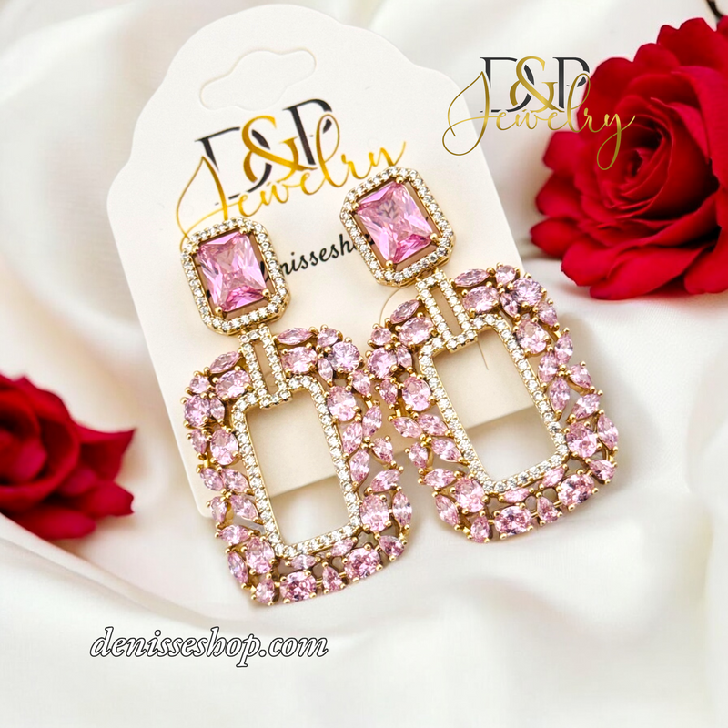 14K LUXURY PINK STONE LONG EARRING E817