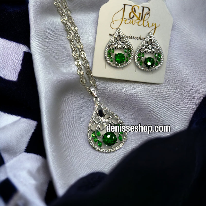 FASHION SILVER GREEN STONE NECKLACE SET C1140