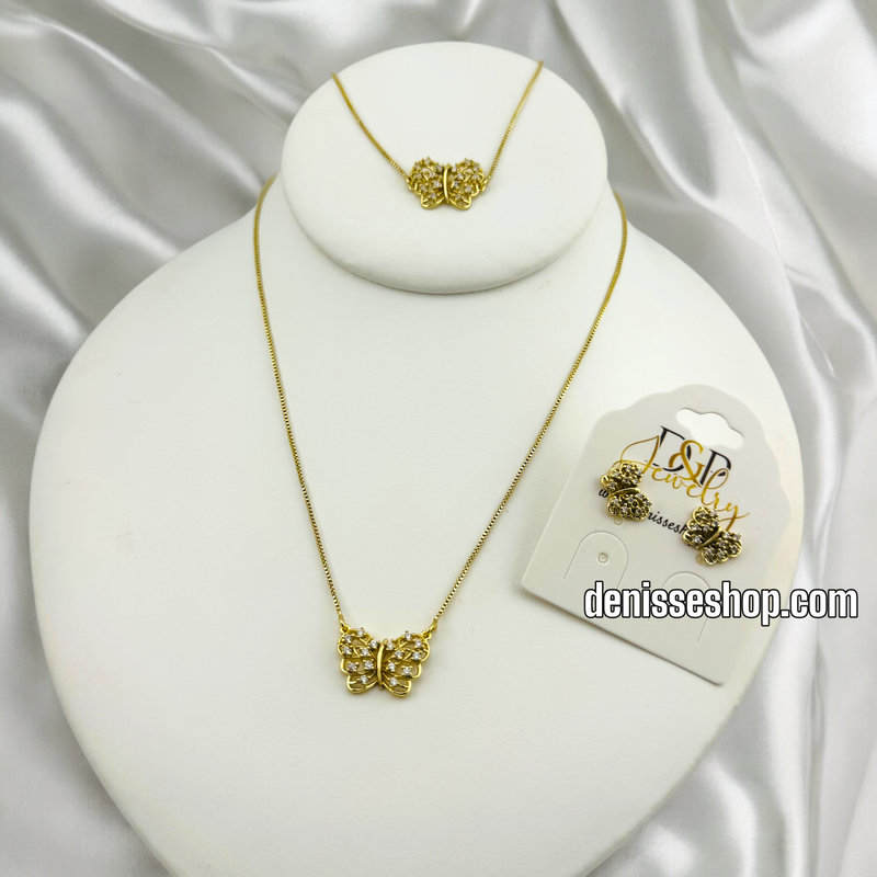 14K BUTTERFLY WHITE STONE NECKLACE SET 18&