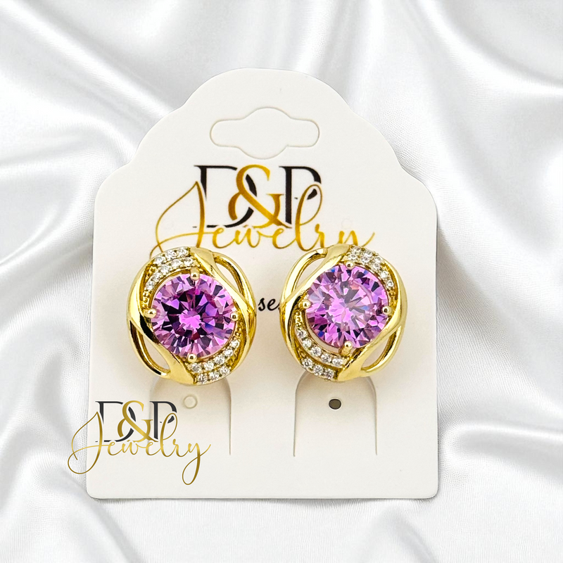 14K GOLD/PINK STONE FANCY HUGGIE EARRING E996