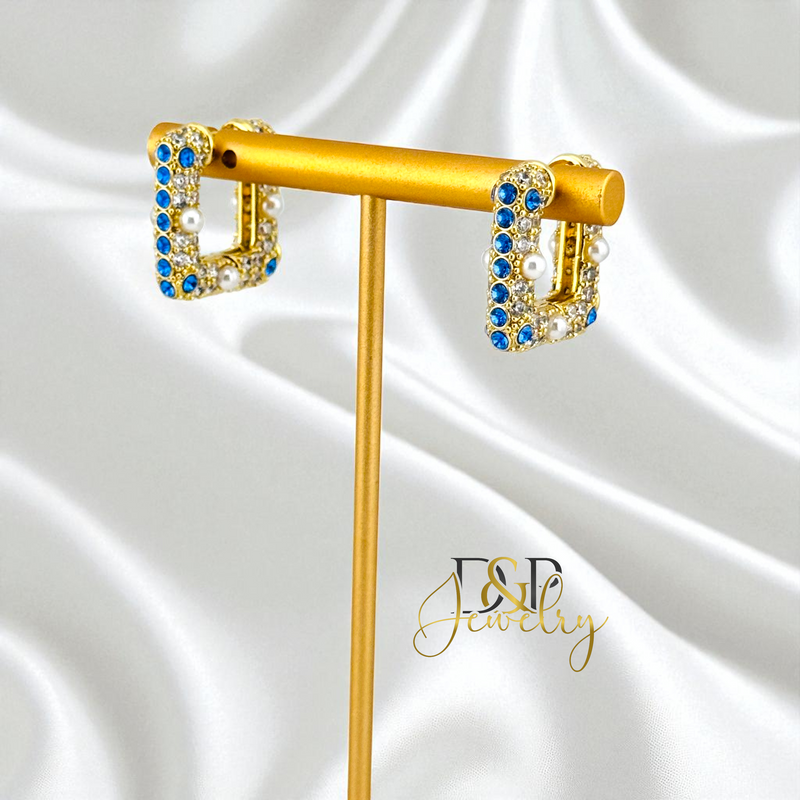 14K GOLD /FANCY SQUARED SHAPE 2 VARIANTS STONES HOOP EARRING HP823