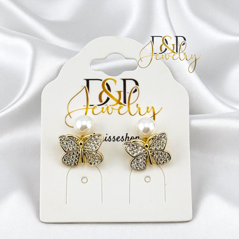 14K WHITE PEARL WITH BUTTERFLY EARRING E913