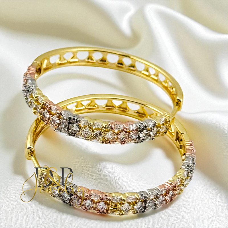 14K TRICOLOR WHITE STONE LONG  HOOP EARRING HP751