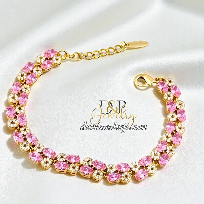 14KGOLD/PINK/WHITE STONE SQUARE SHAPE BRACELET BR870