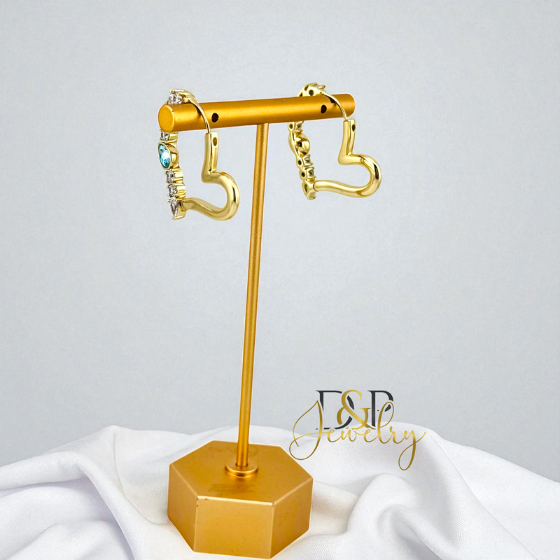 14K GOLD/HEART /BLUE STONE DESIGN HOOP EARRING HP801