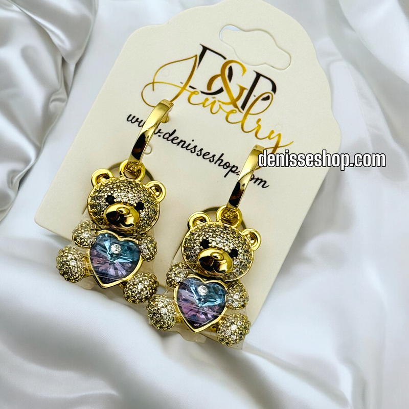 14K GOLD / PURPLE STONE BEAR  EARRING E684