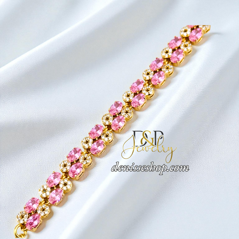 14KGOLD/PINK/WHITE STONE SQUARE SHAPE BRACELET BR870