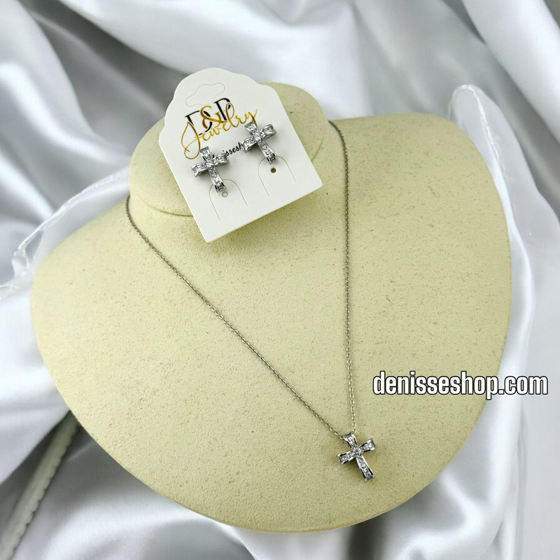 SILVER / WOMEN WHITE STONE CROSS NECKLACE N146