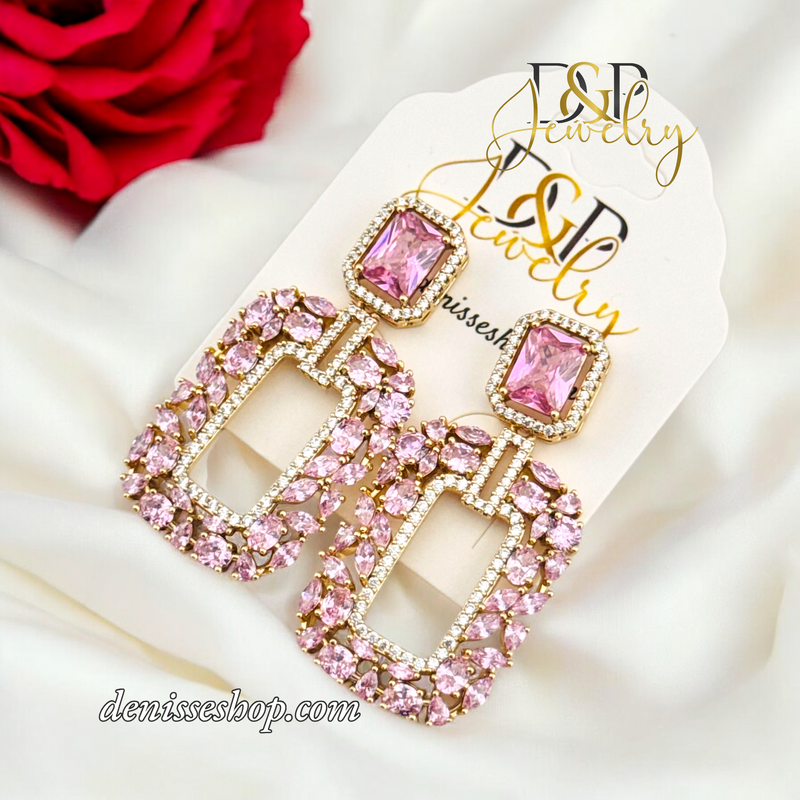 14K LUXURY PINK STONE LONG EARRING E817