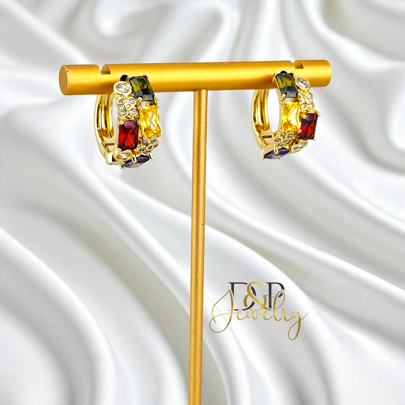 14K GOLD /SHORT COLOR STONES 4 VARIANT HOOP EARRING HP819