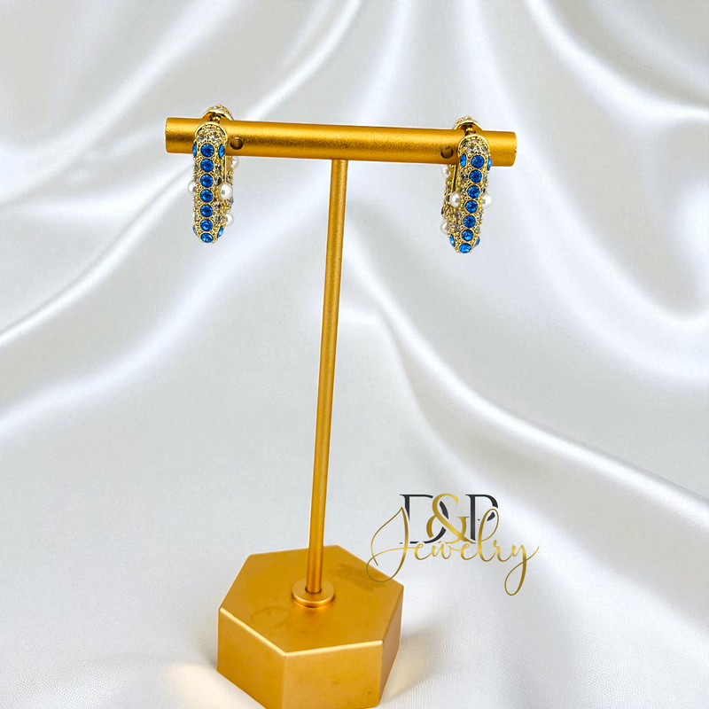 14K GOLD /FANCY SQUARED SHAPE 2 VARIANTS STONES HOOP EARRING HP823