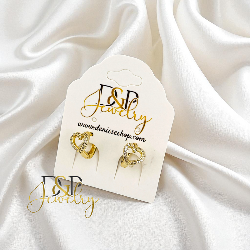 14K GOLD SMALL  HART WHITE STONES HOOP EARRING HP737