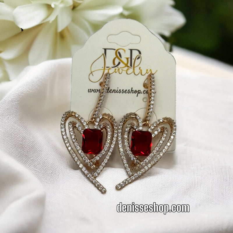 18K HEART RED STONE EARRINGS E426